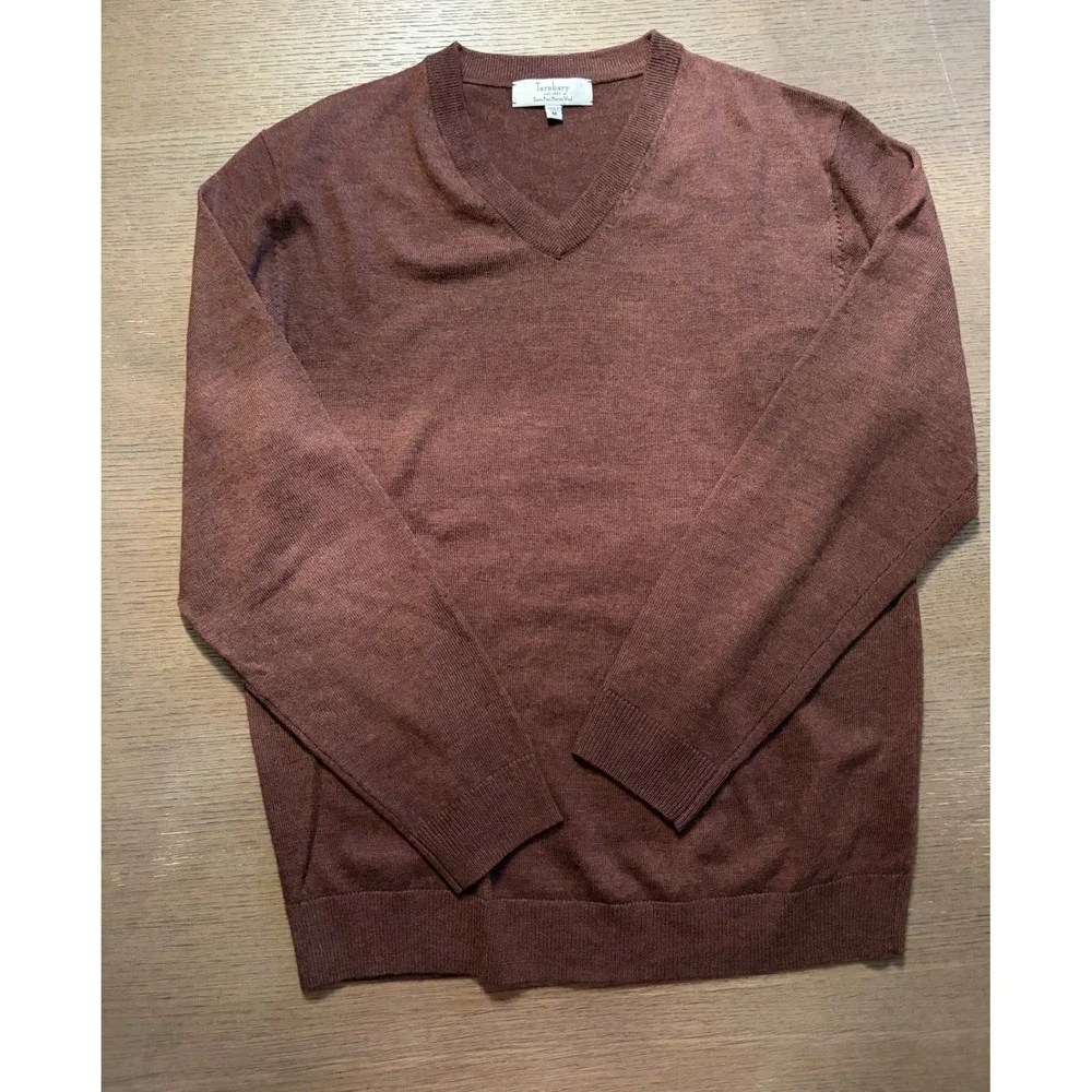 Turnbury Mens Extra Fine Merino Wool V-Neck Sweater Brown Heather Size M